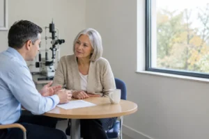 Patient and consultant reviewing private cataract surgery cost in Yorkshire in a bright consulting room