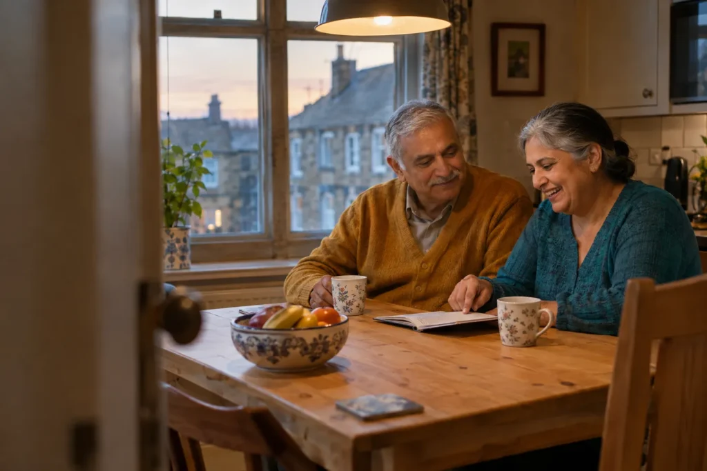 Couple at a Halifax kitchen table going through an itemised self-pay cataract surgery quote together