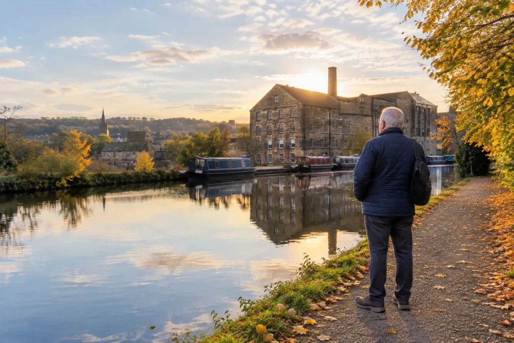Man standing on a Brighouse canal towpath at golden hour, thinking through UK cataract surgery price options